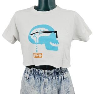 Spy Skater Skull & Glasses White Crop Top Graphic Tee T-shirt Women's S 1708